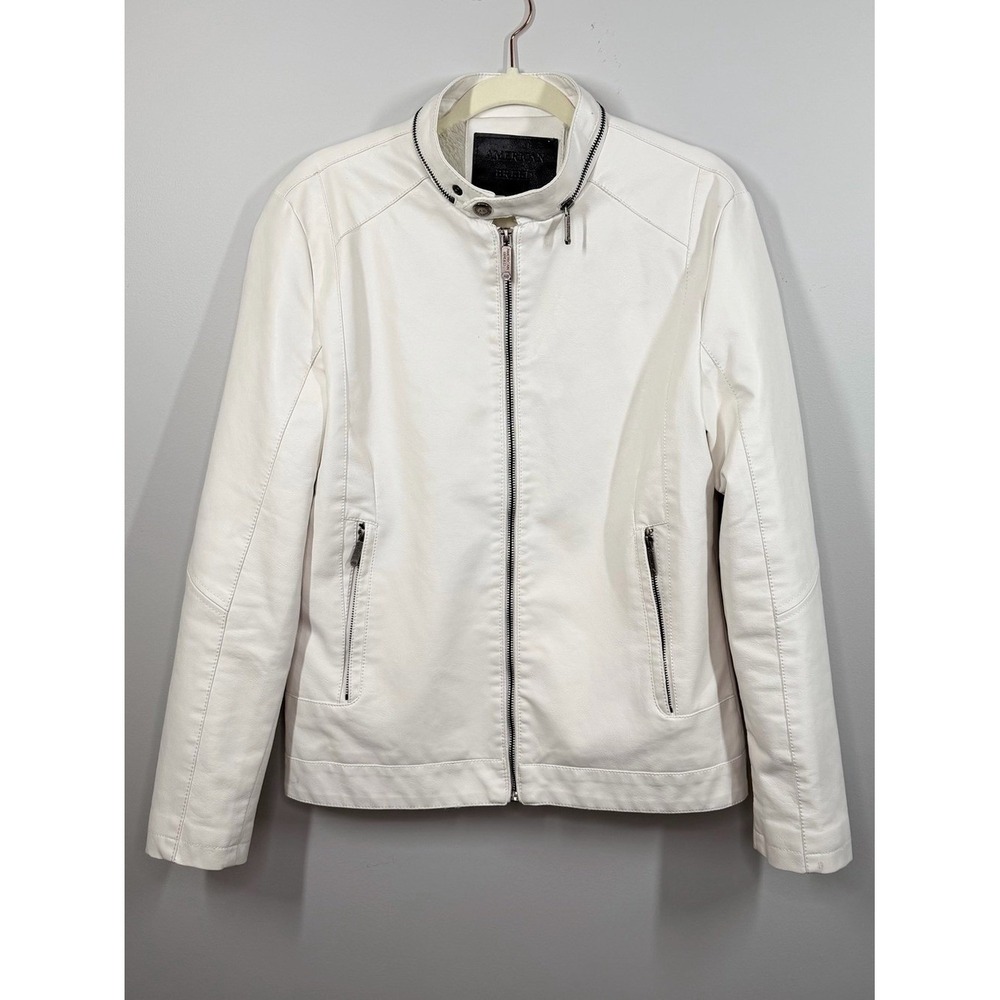 American Breed White Faux Leather Cafe Racer Moto Jacket Faux Fur Lined Medium